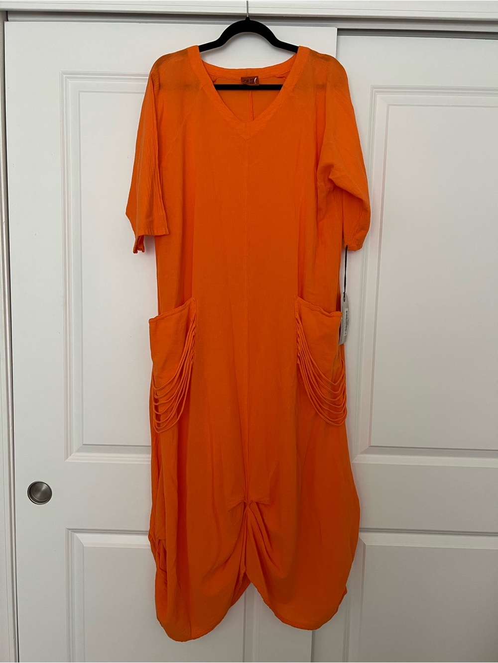 Oh My Gauze! Belva Creamsicle V-Neck Midi Dress with Draped Pocket Detail
